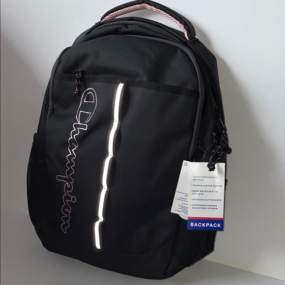 Champion Handbags - NWT Champion Black Backpack with Reflective Strip and Pink Trim